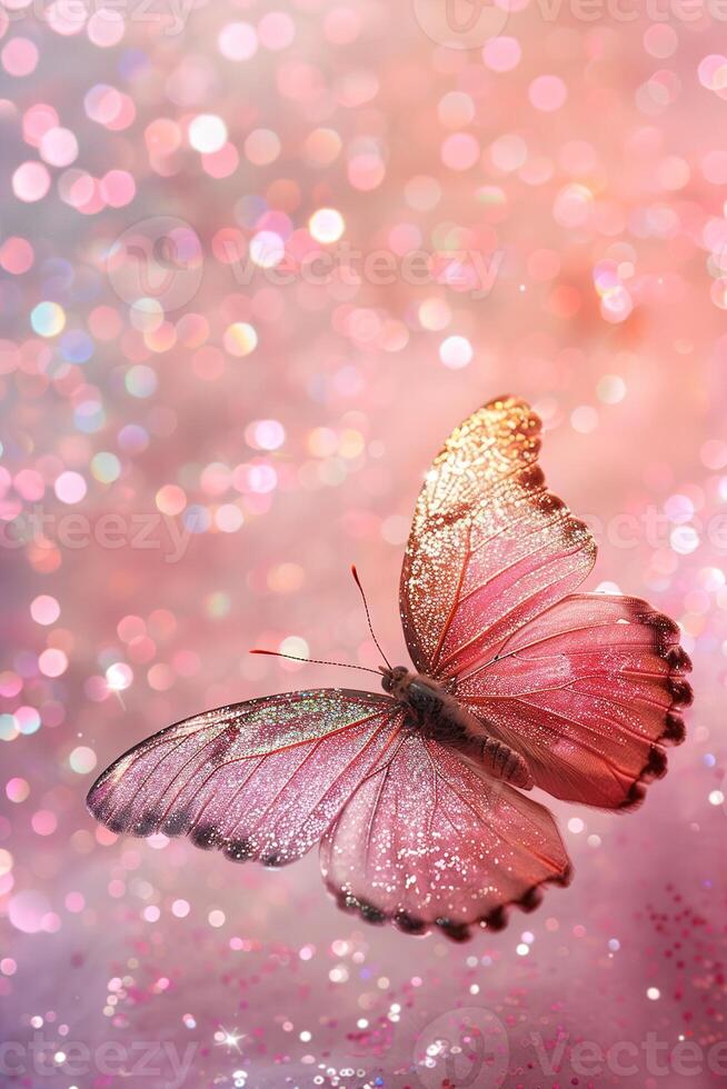 AI generated Pink background with glittering butterfly, copy space. Women's Day. It's a girl backdrop with empty space. Baby shower or birthday invitation, party. Baby girl birth announcement. photo