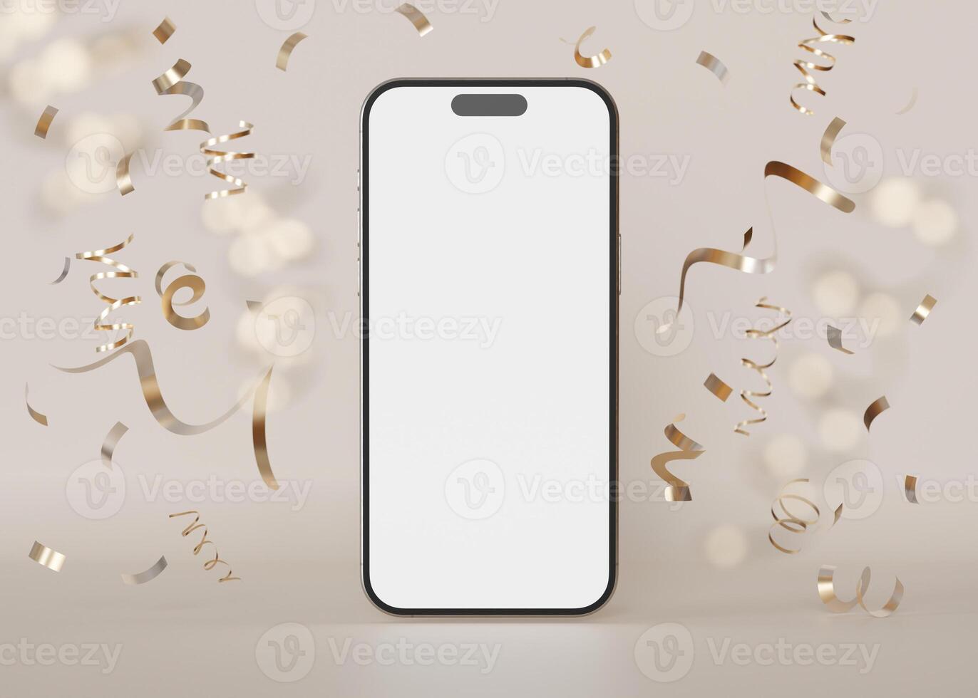 Modern smartphone mockup with blank screen surrounded by festive gold confetti, perfect for app promotion, celebration themes. Surprise, congratulations, holiday. Beige background. 3D. photo