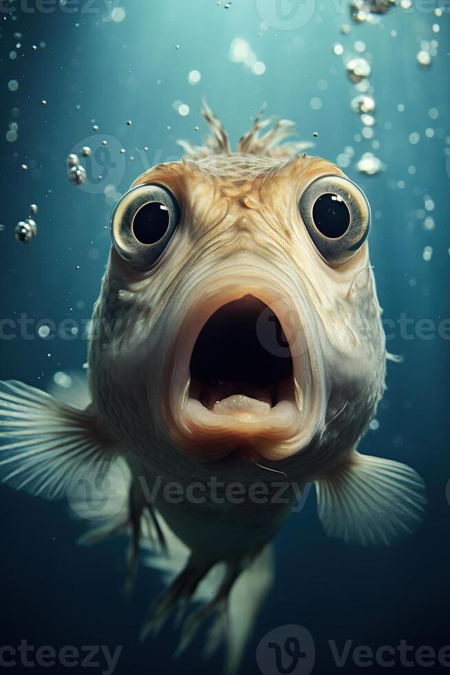 AI generated Cute, surprised fish with large eyes on blue background. Ideal for promotions, great deals or offers. Good price, Black Friday, discount. Amazed animal. Vertical picture. Generative AI. photo