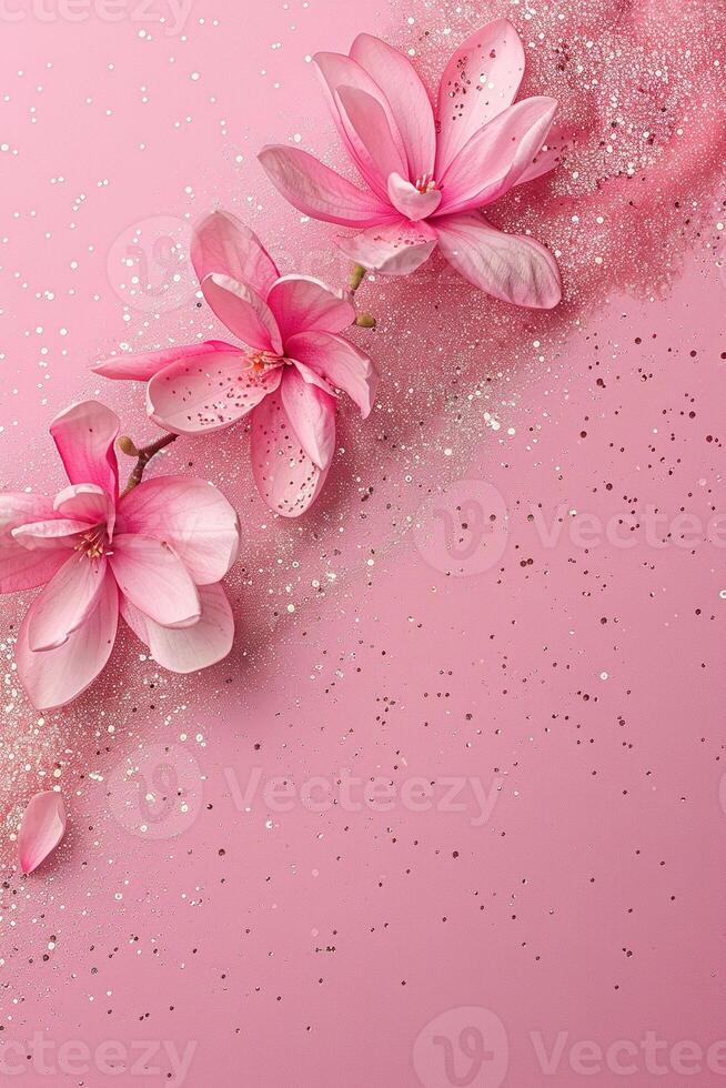 AI generated Pink glittering background with flowers, copy space. Women's Day. It's a girl backdrop with empty space. Baby shower or birthday invitation, party. Baby girl birth announcement. photo