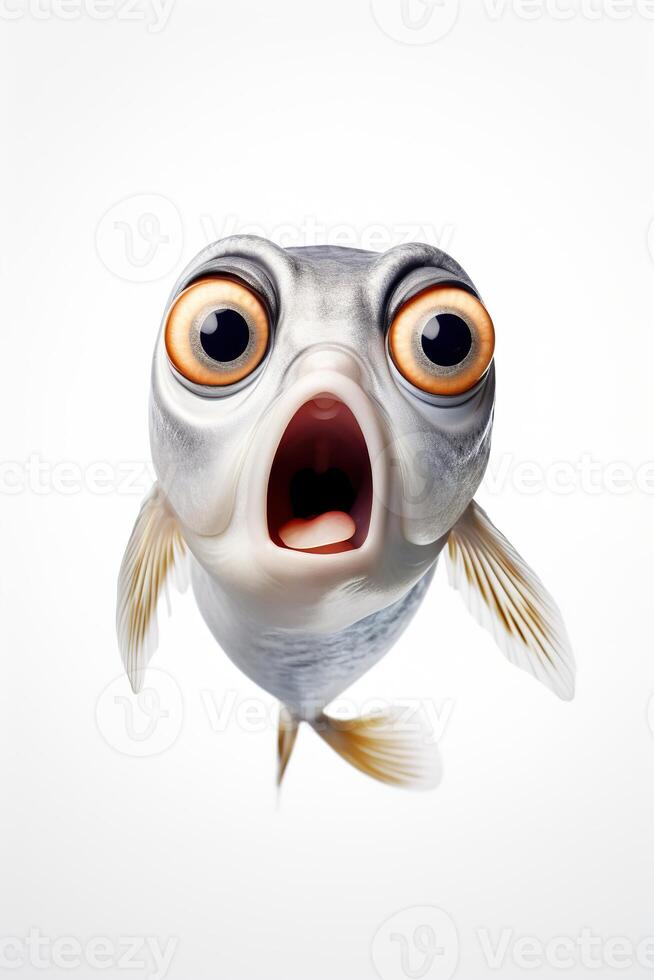 AI generated Cute, surprised fish with large eyes on white background. Ideal for promotions, great deals or offers. Good price, Black Friday, discount. Copy space for text. Amazed animal. photo