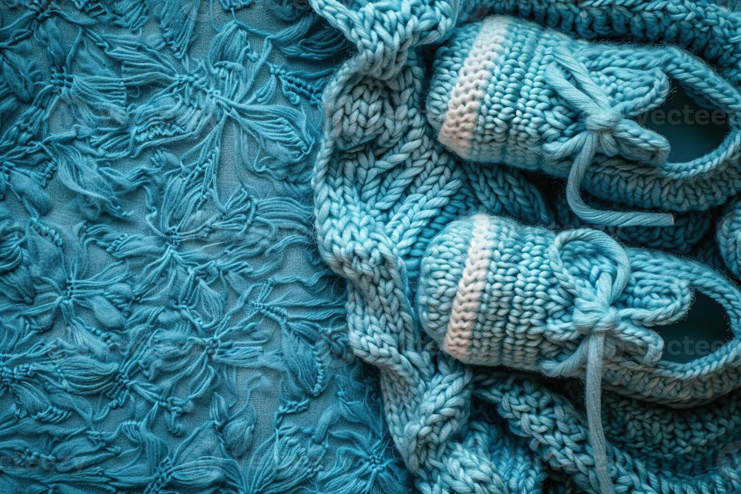 AI generated Blue background with knitted baby shoes and copy space. It's a boy backdrop with empty space for text. Baby boy birth announcement. Generative AI. photo