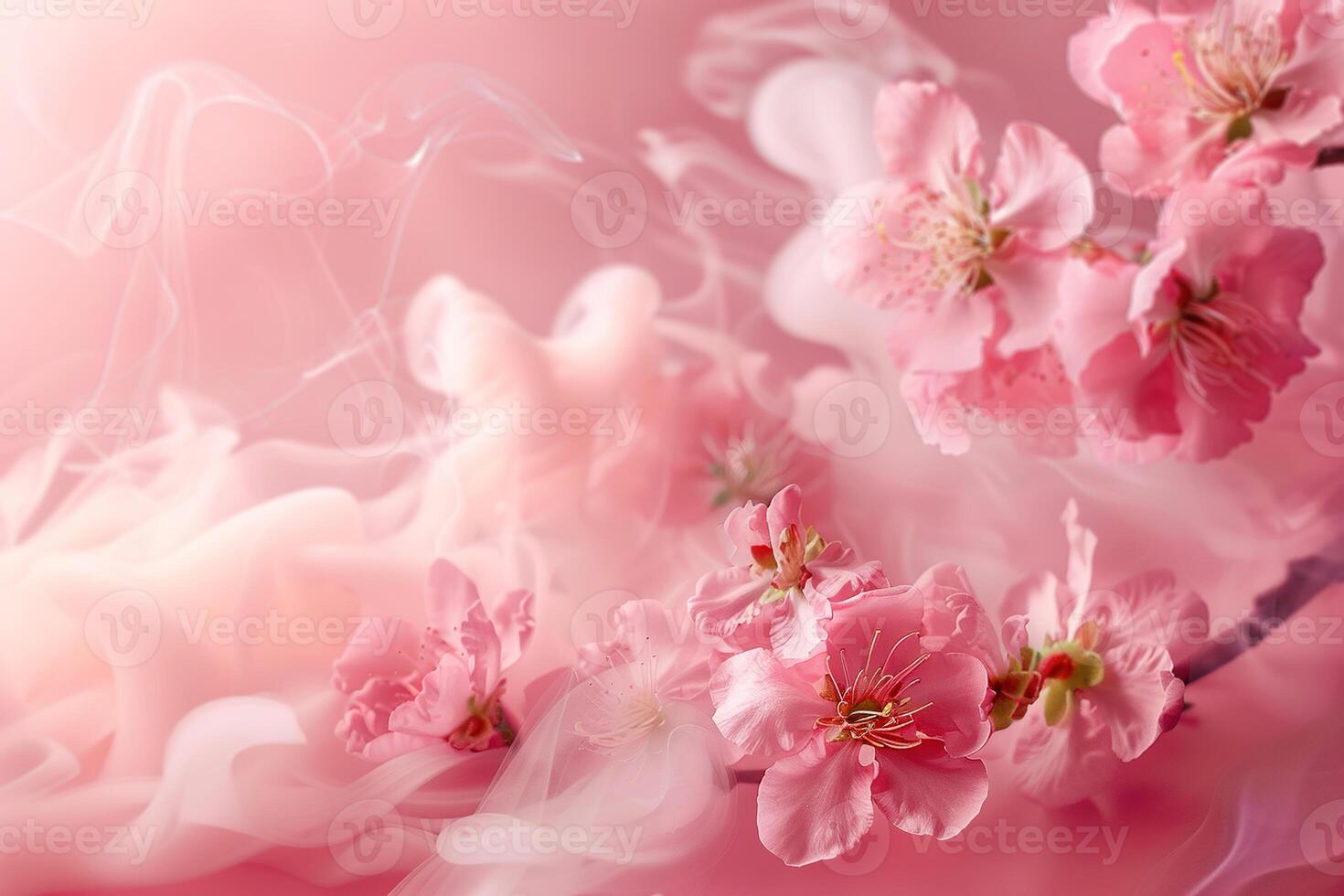 AI generated Pink background with flowers and smoke, copy space. Women's Day. It's a girl backdrop with empty space. Baby shower or birthday invitation, party. Baby girl birth announcement. photo