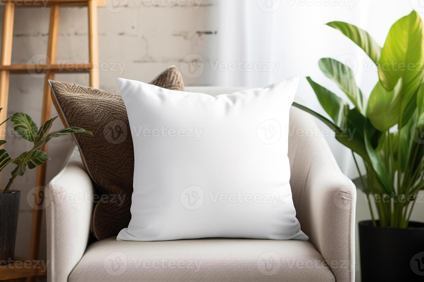 AI generated Cozy living room scene with a white square pillow. Blank cushion case template for your graphic design presentation. Pillow cover mock up for print, personalized illustration. Close-up. photo