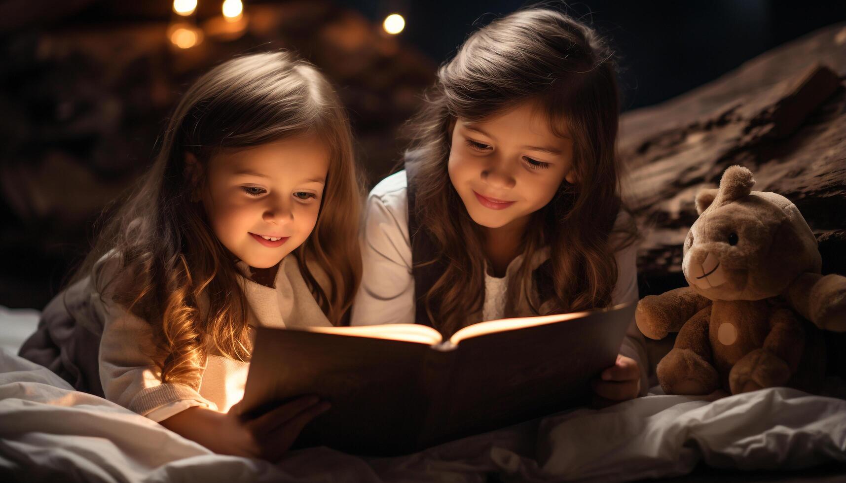 AI generated Cute girls smiling, reading bedtime story, enjoying cheerful togetherness generated by AI photo