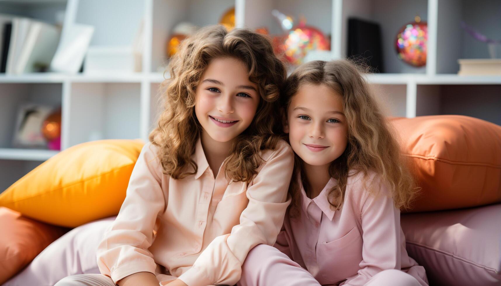 AI generated Two cute girls smiling, playing and embracing in a cozy living room generated by AI photo