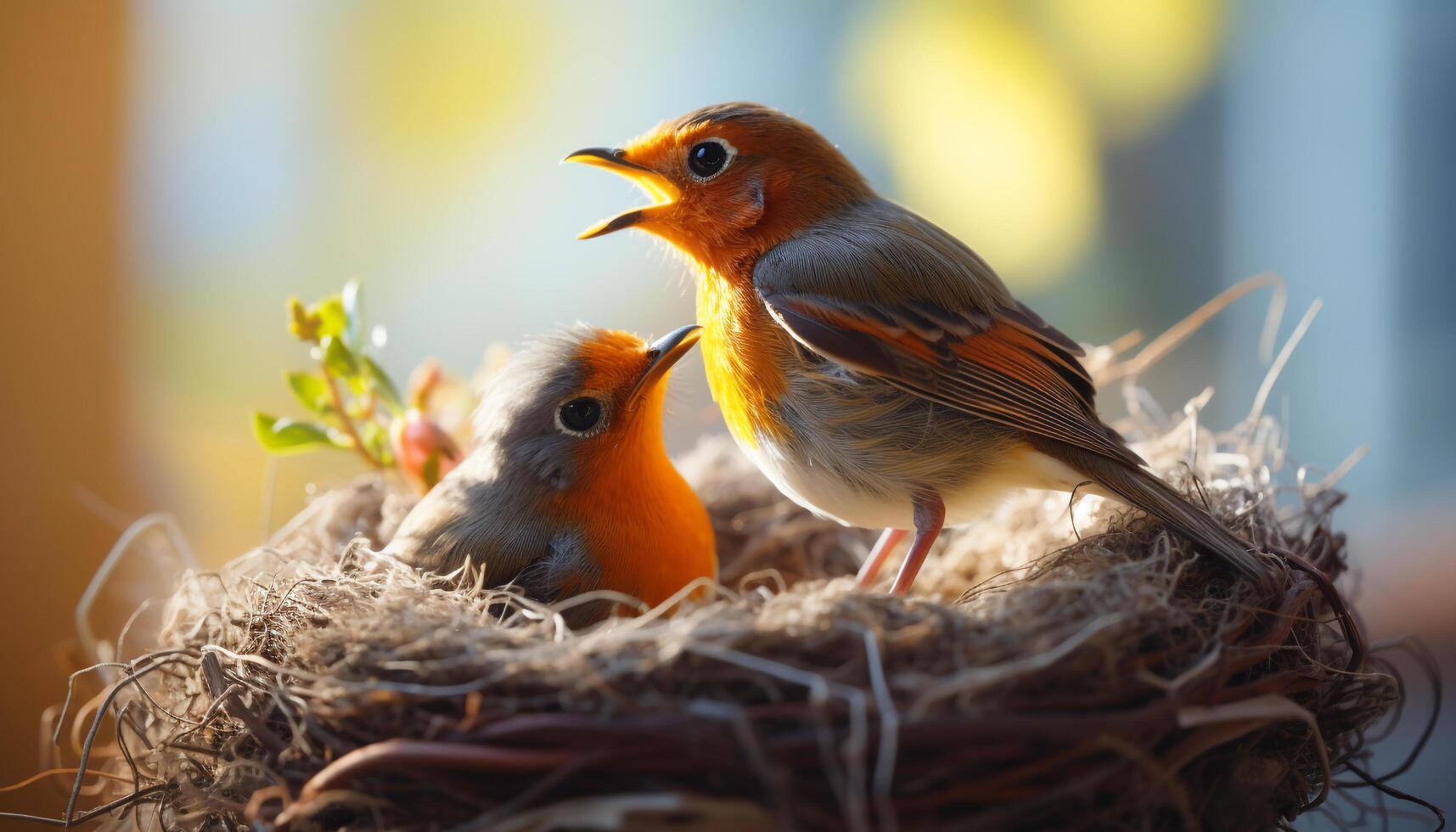 AI generated Cute baby bird perching on branch, singing in nature generated by AI photo