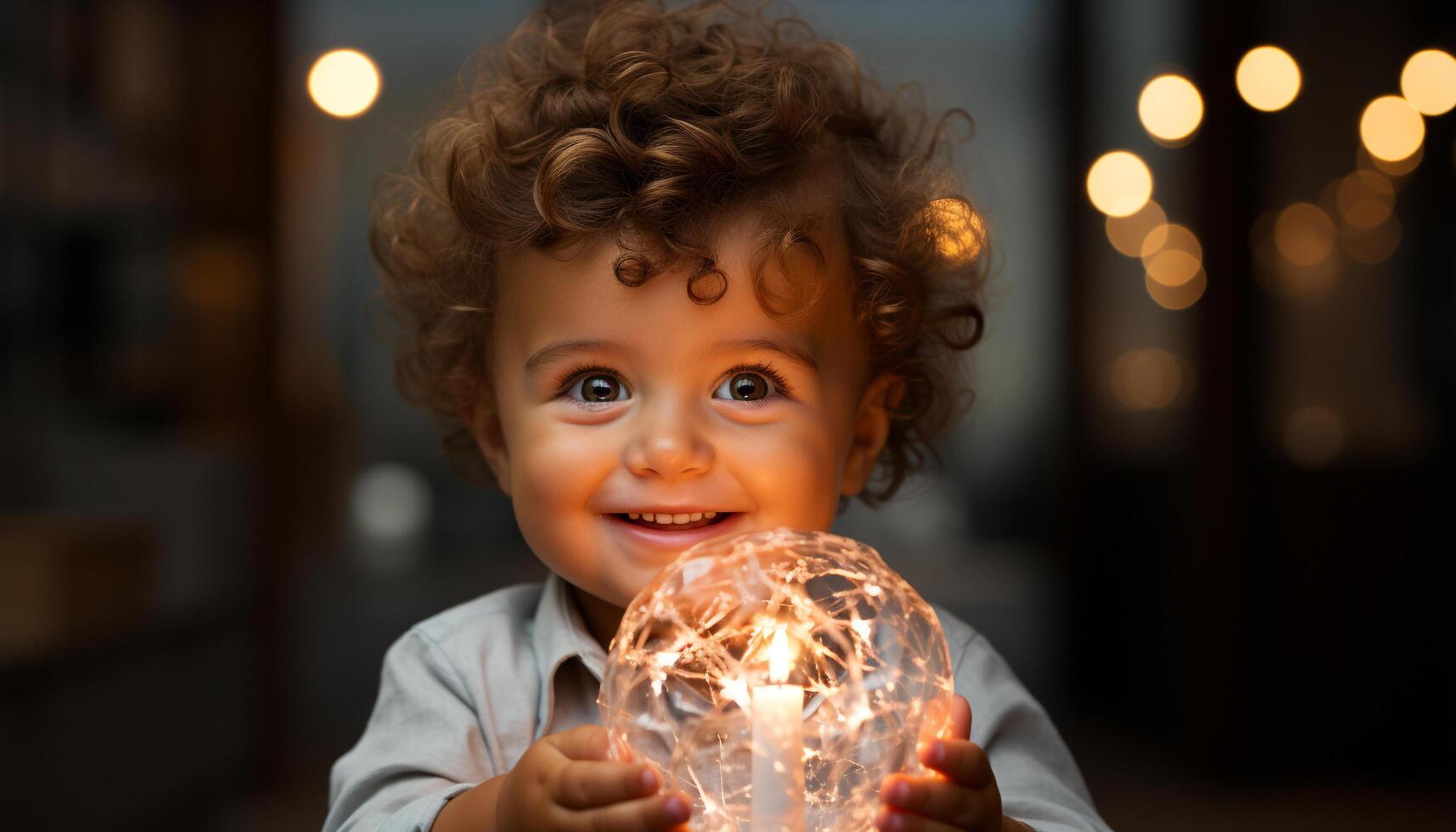 AI generated A cute, cheerful baby boy smiling, looking at camera indoors generated by AI photo