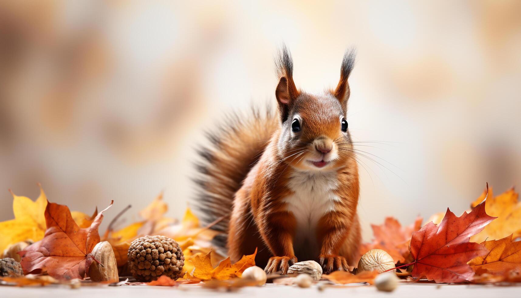 ai generado linda pequeño mamífero jugando con bellota en otoño bosque generado por ai foto