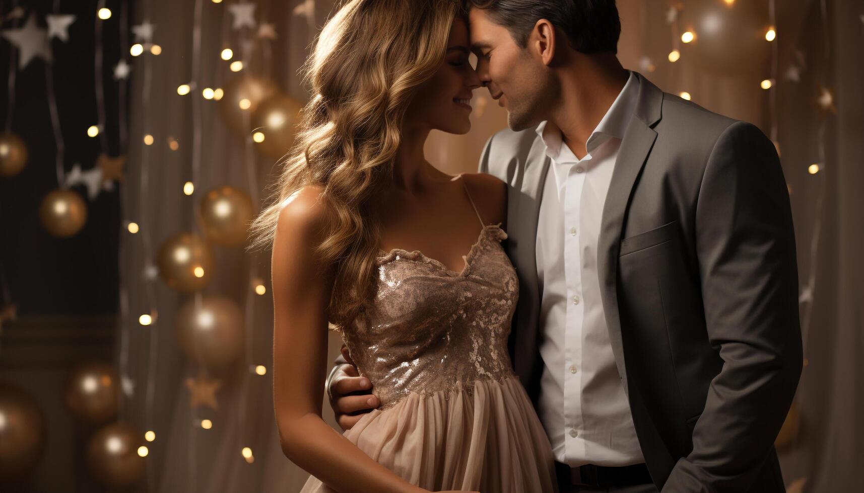 AI generated Newlywed couple embraces, celebrating love and happiness in marriage generated by AI photo