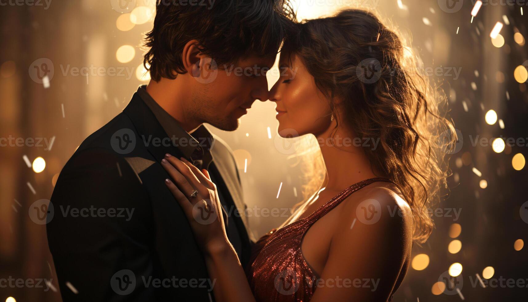 AI generated Young couple embracing, smiling, enjoying nightlife, dancing, face to face generated by AI photo
