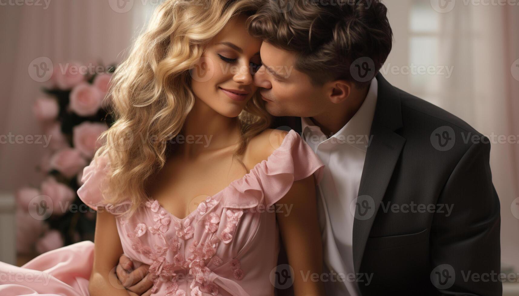 AI generated Young adult couple embracing in their elegant wedding attire generated by AI photo