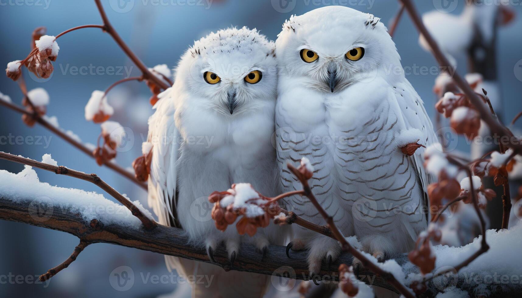 AI generated Snowy owl perching on branch, looking at camera in winter generated by AI photo