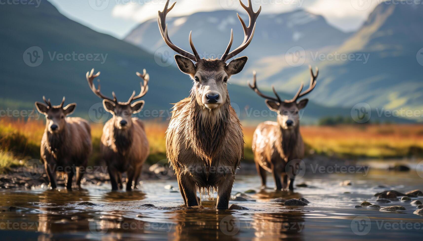 AI generated Tranquil stag stands in snowy forest, reflecting beauty of nature generated by AI photo