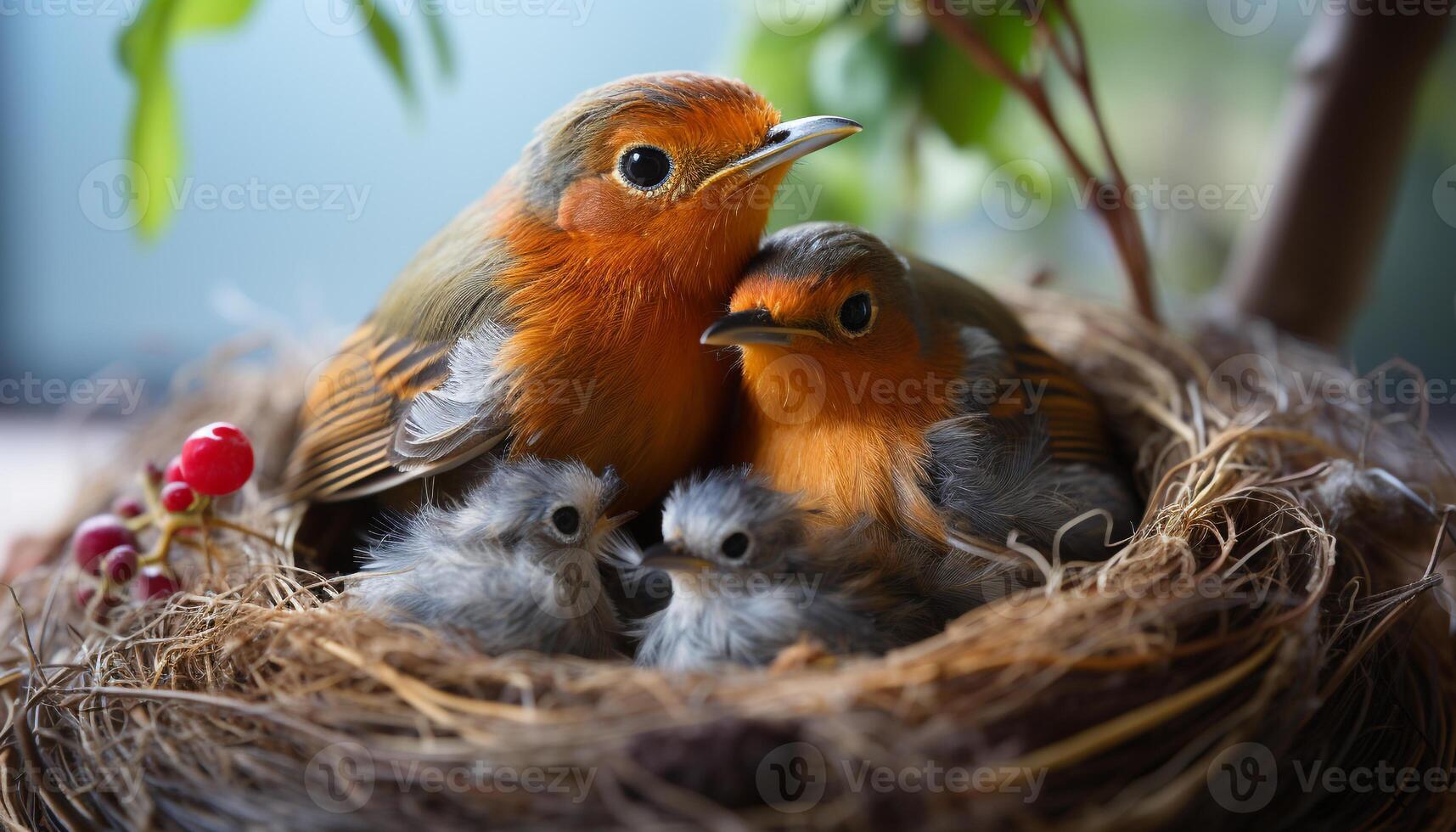 ai generado linda bebé pájaro encaramado en rama, alimentación en naturaleza generado por ai foto