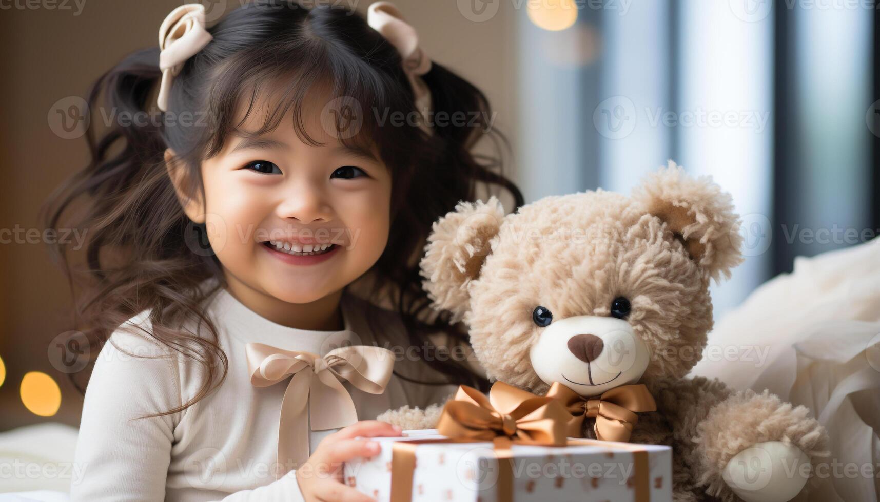 AI generated Cute smiling child holds gift, radiating happiness and joy generated by AI photo