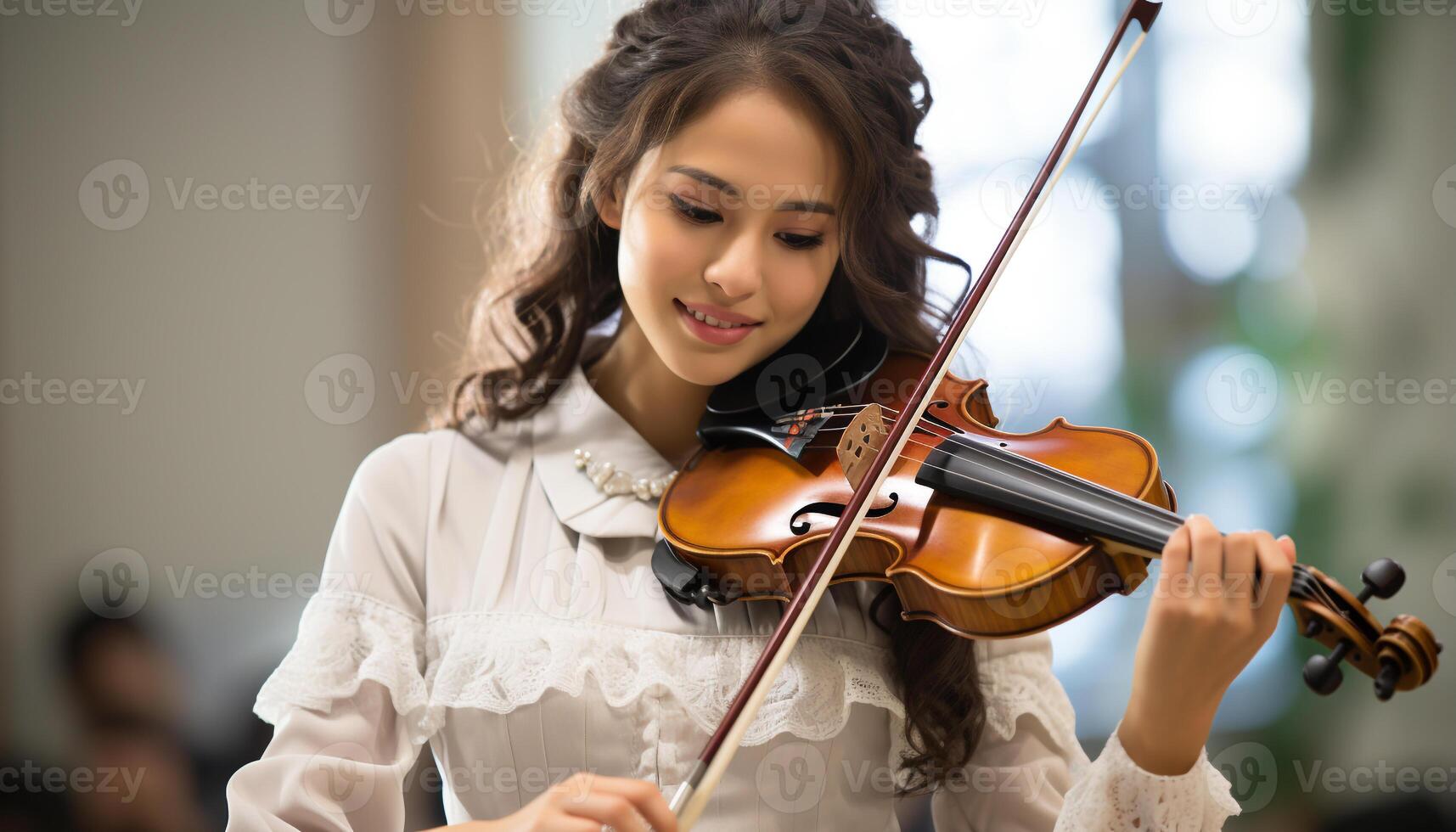 AI generated Young woman musician playing violin indoors, smiling and learning generated by AI photo