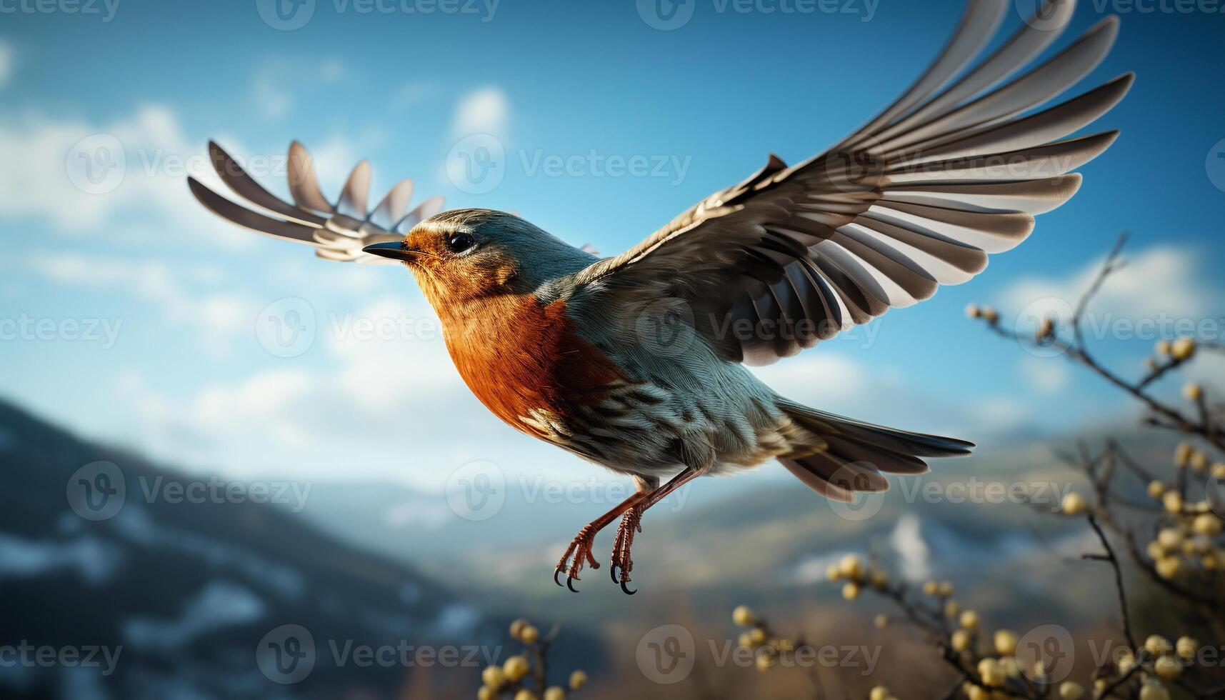 AI generated One bird soaring freely in the bright summer sky generated by AI photo