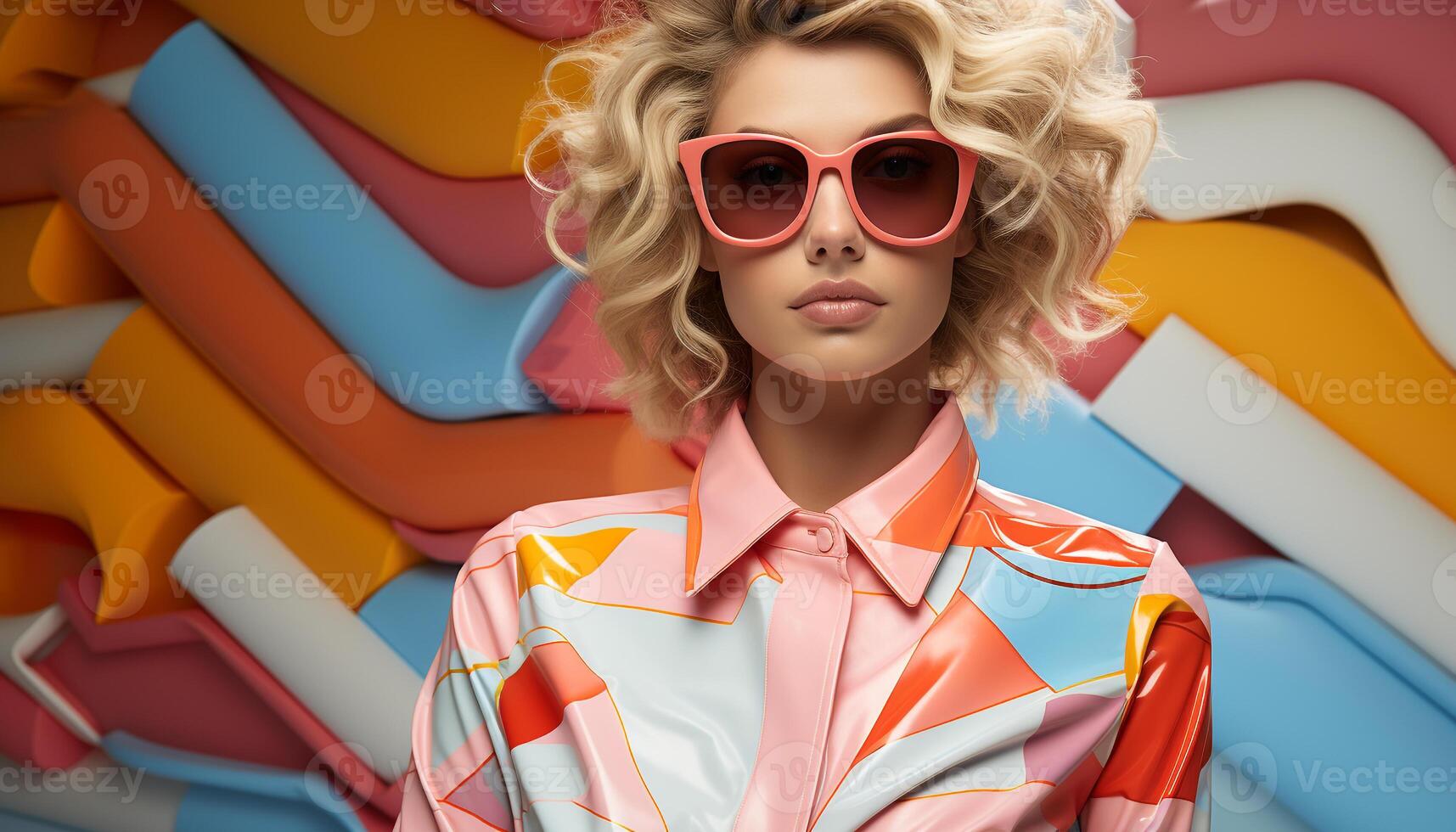 AI generated A beautiful young woman with blond hair and sunglasses smiling generated by AI photo