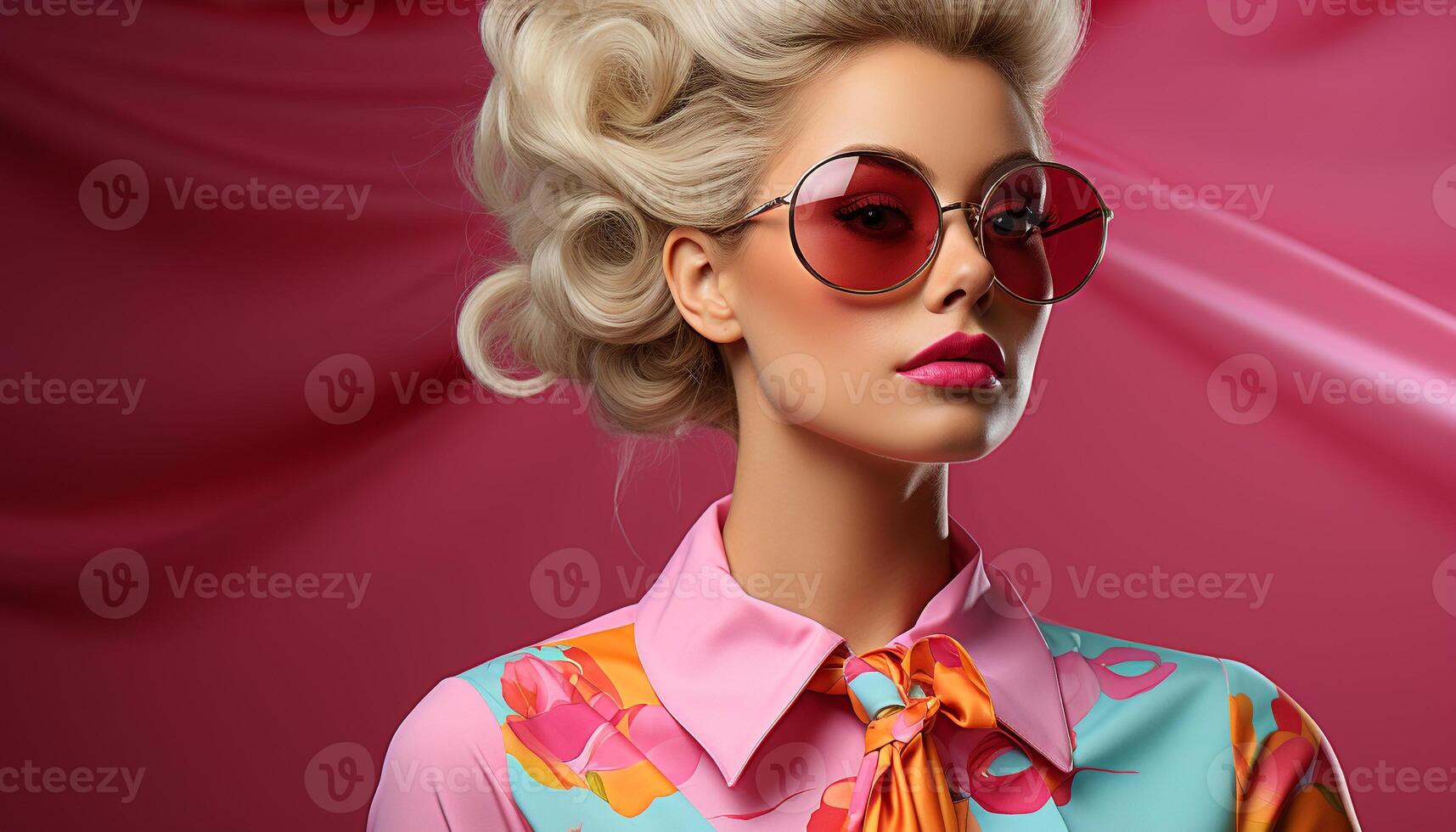 AI generated Young adult woman with blond curly hair and sunglasses, looking glamorous generated by AI photo