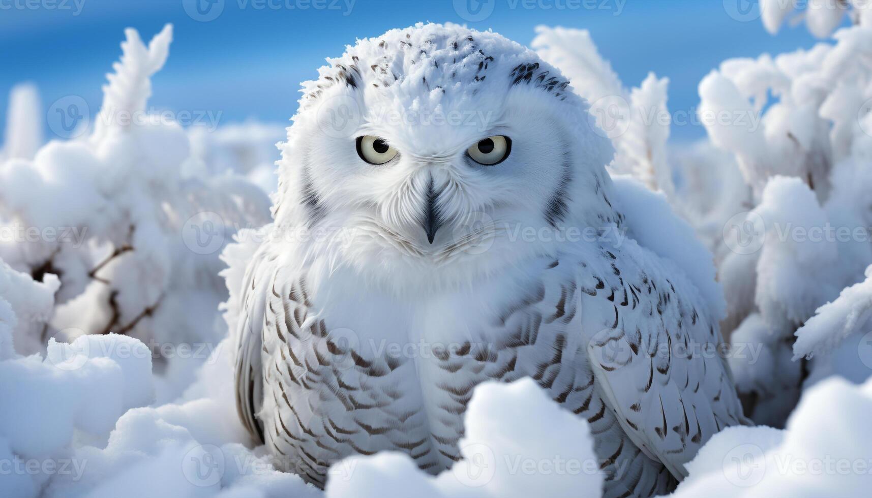 AI generated Snowy owl perched on branch, staring at camera in snow generated by AI photo