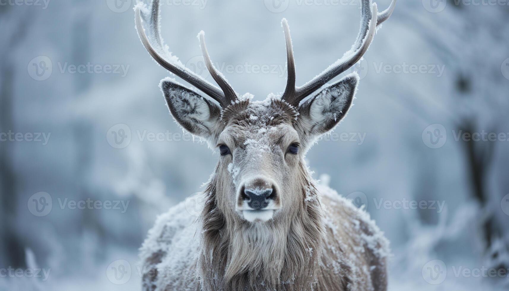 AI generated Stag in winter forest, snowing, looking at camera, majestic generated by AI photo