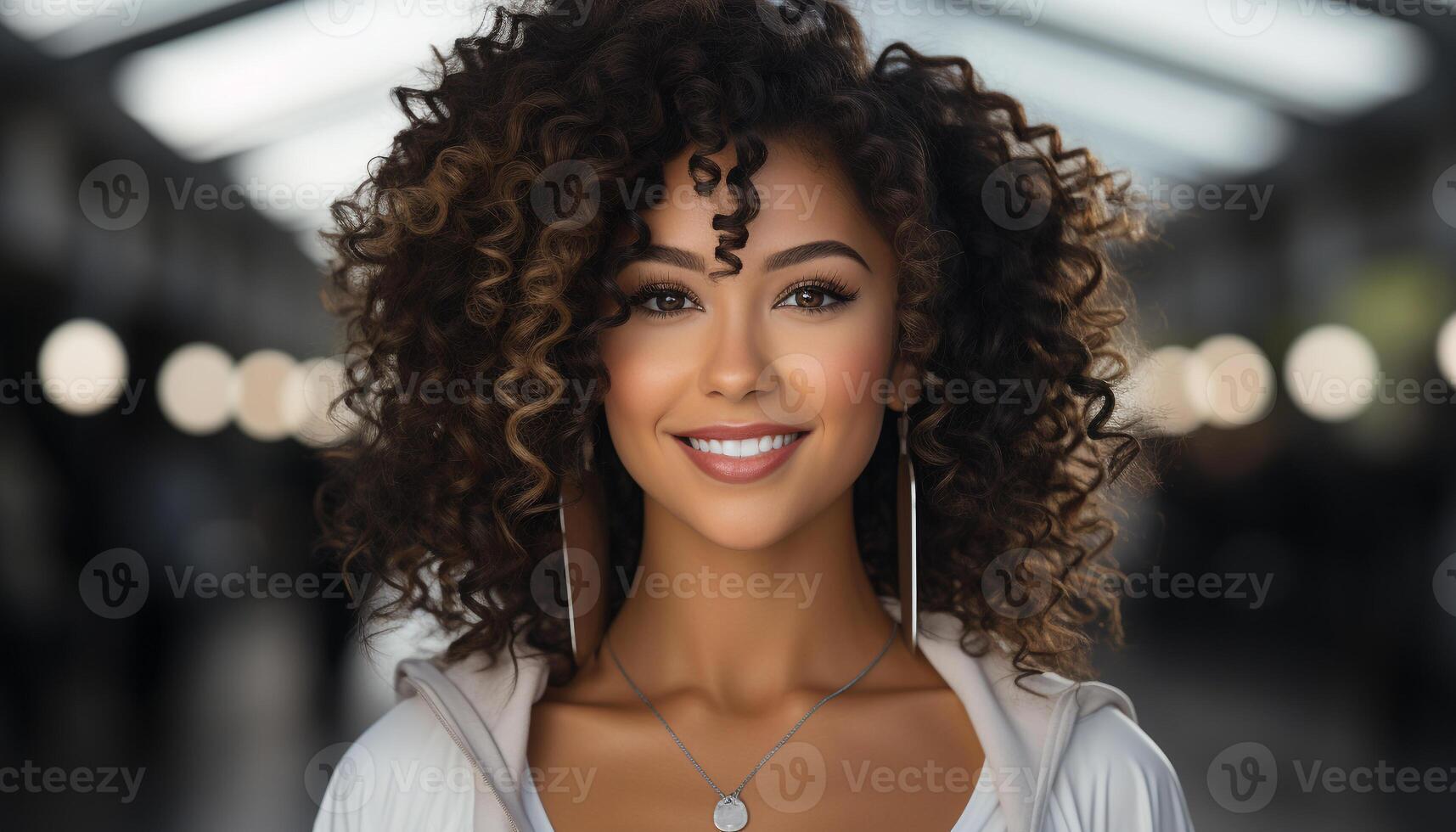 AI generated Young woman with curly hair smiling, looking at camera confidently generated by AI photo