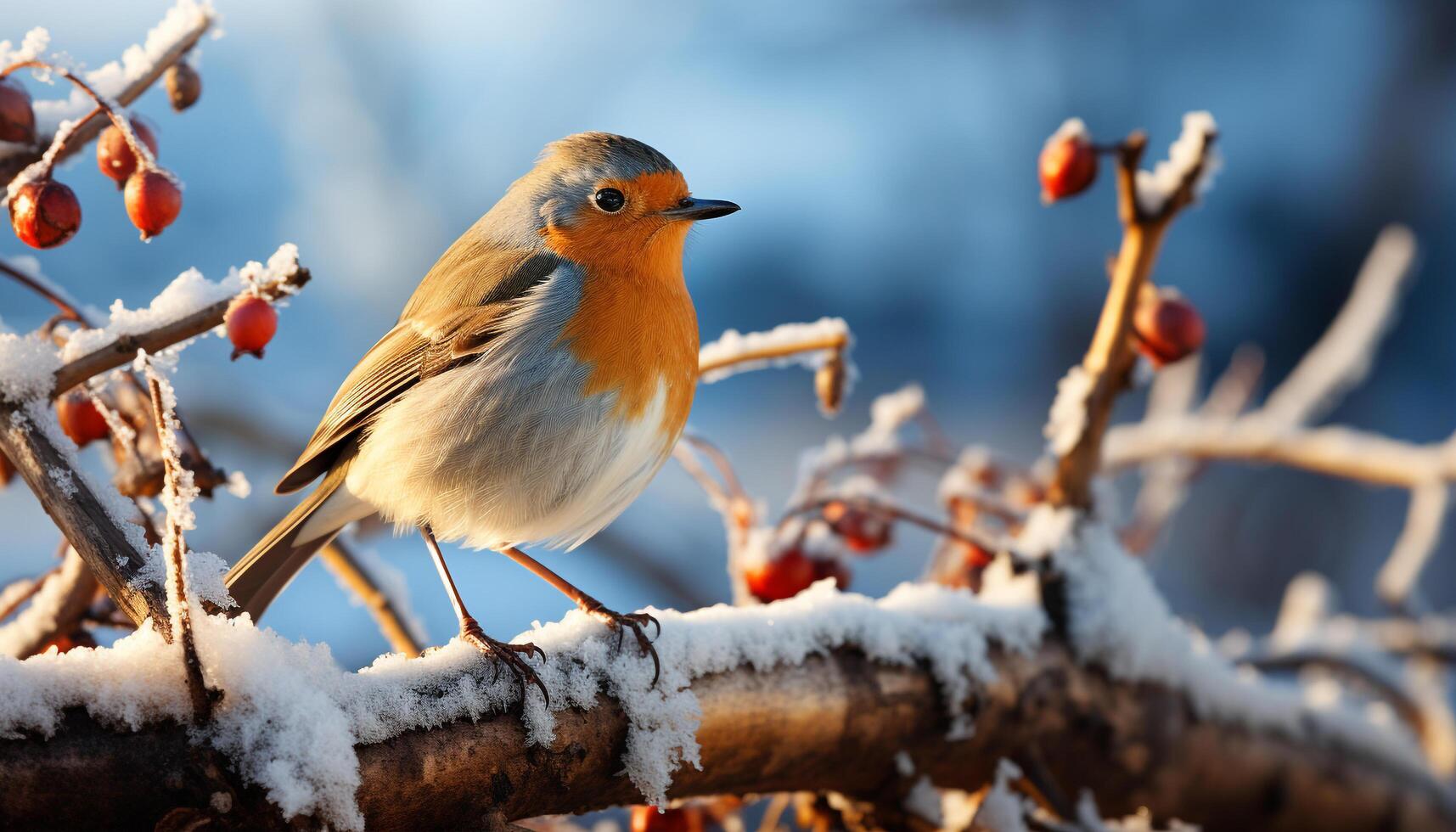 AI generated Cute sparrow perching on snowy branch, winter natural beauty generated by AI photo