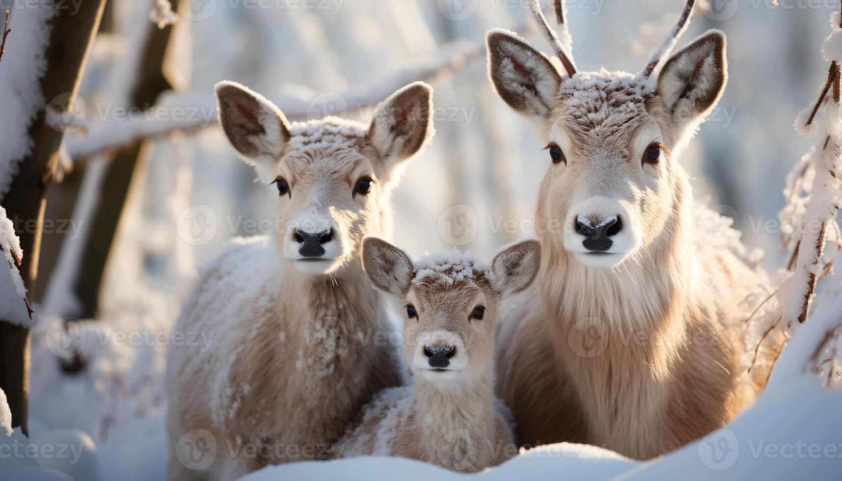 AI generated Cute deer family in snowy meadow, looking at camera generated by AI photo