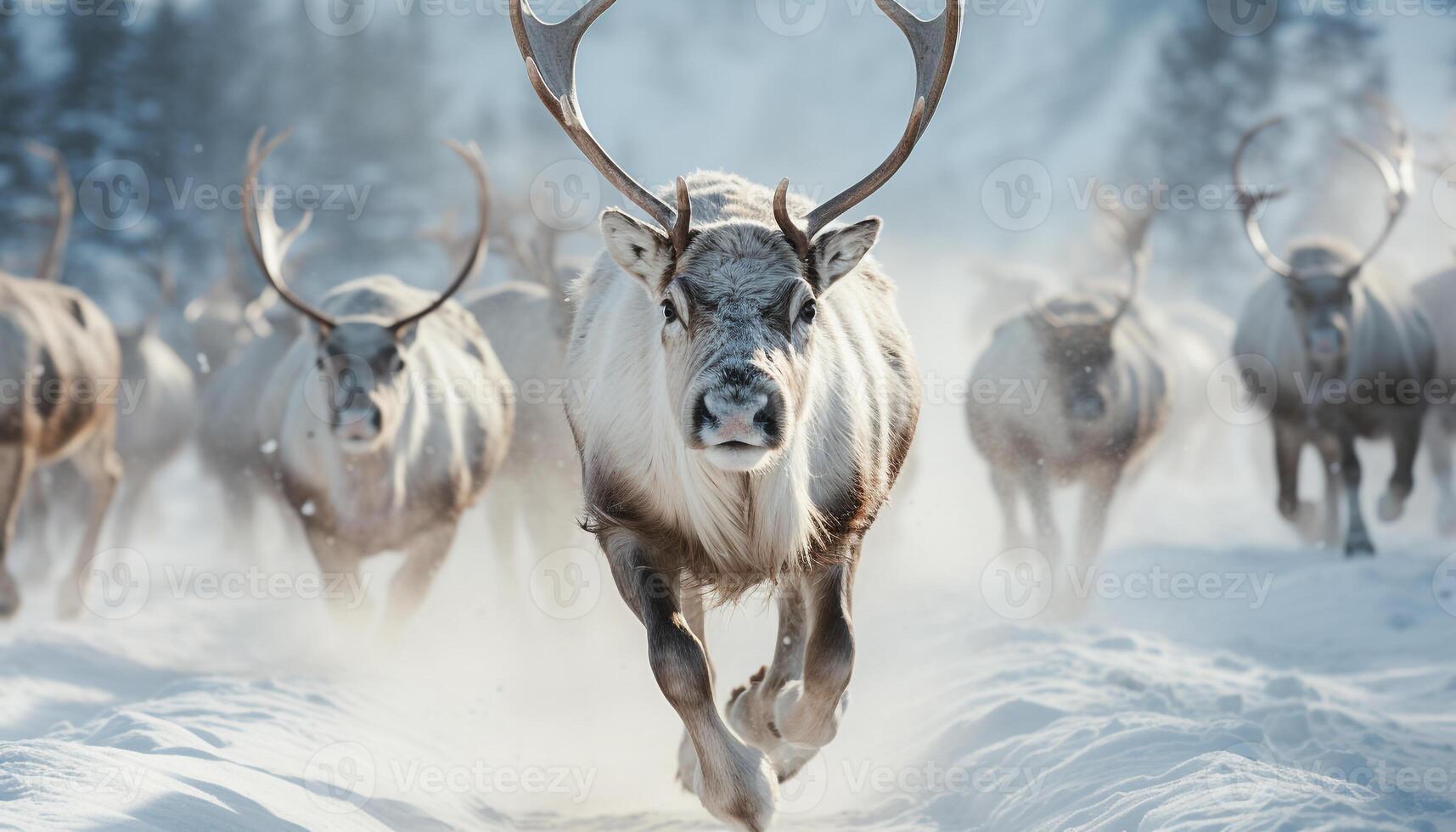 AI generated Deer herd grazing in snowy forest, winter landscape, nature beauty generated by AI photo