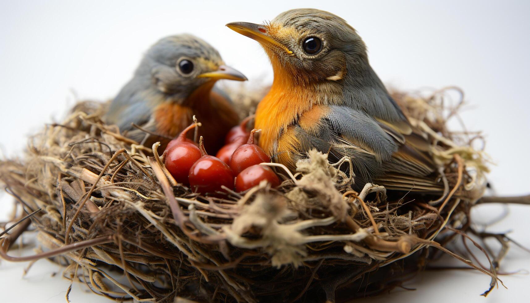 AI generated Cute baby bird hatches, perches on twig in nature generated by AI photo