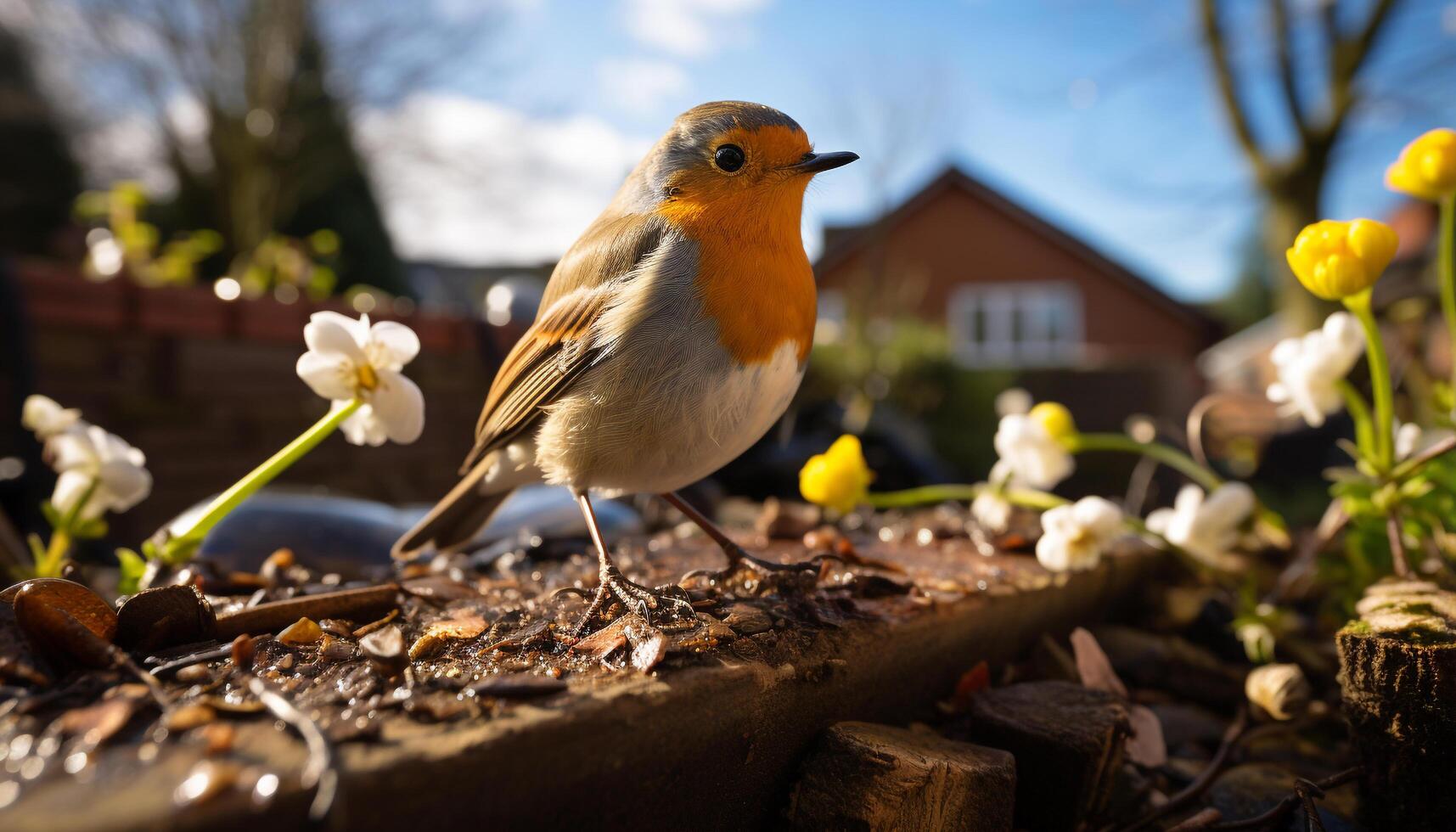 AI generated A cute small bird perching on a branch in springtime generated by AI photo