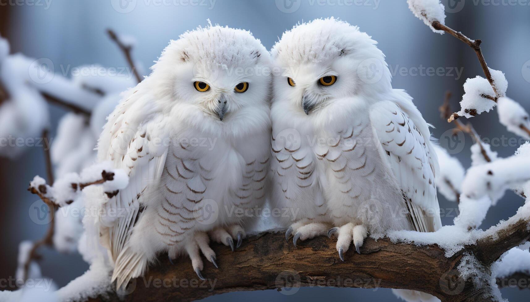 AI generated A cute snowy owl perching on a branch in the snow generated by AI photo