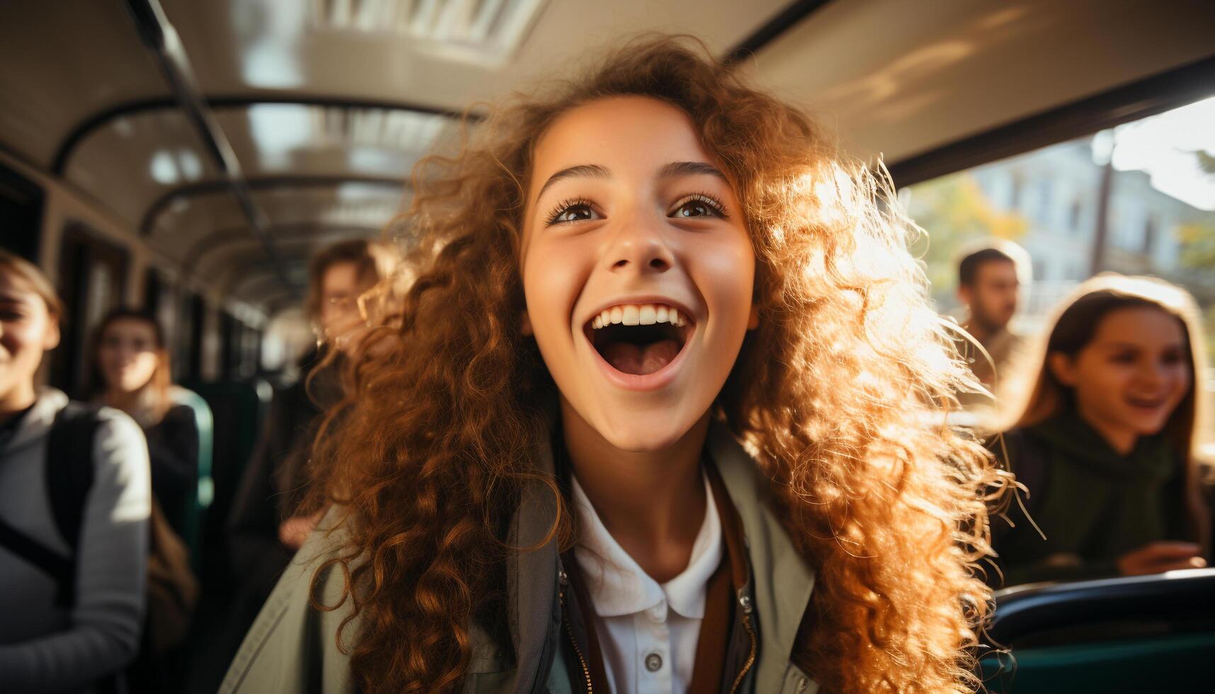 ai generado sonriente joven mujer disfrutar grupo viaje, la risa llena el autobús generado por ai foto