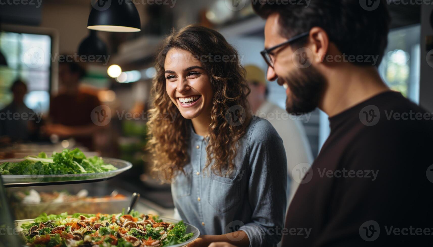 ai generado dos joven adultos, un hombre y un mujer, sonriente y Cocinando juntos en un Doméstico cocina generado por ai foto