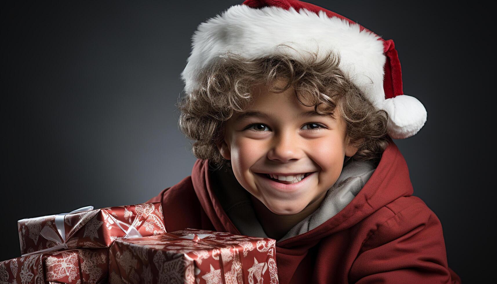 AI generated Smiling cute child holds gift, bringing joy to celebration generated by AI photo