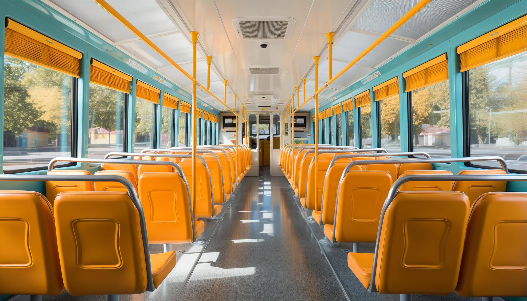 AI generated Empty bus seats inside a modern vehicle, waiting for passengers generated by AI photo