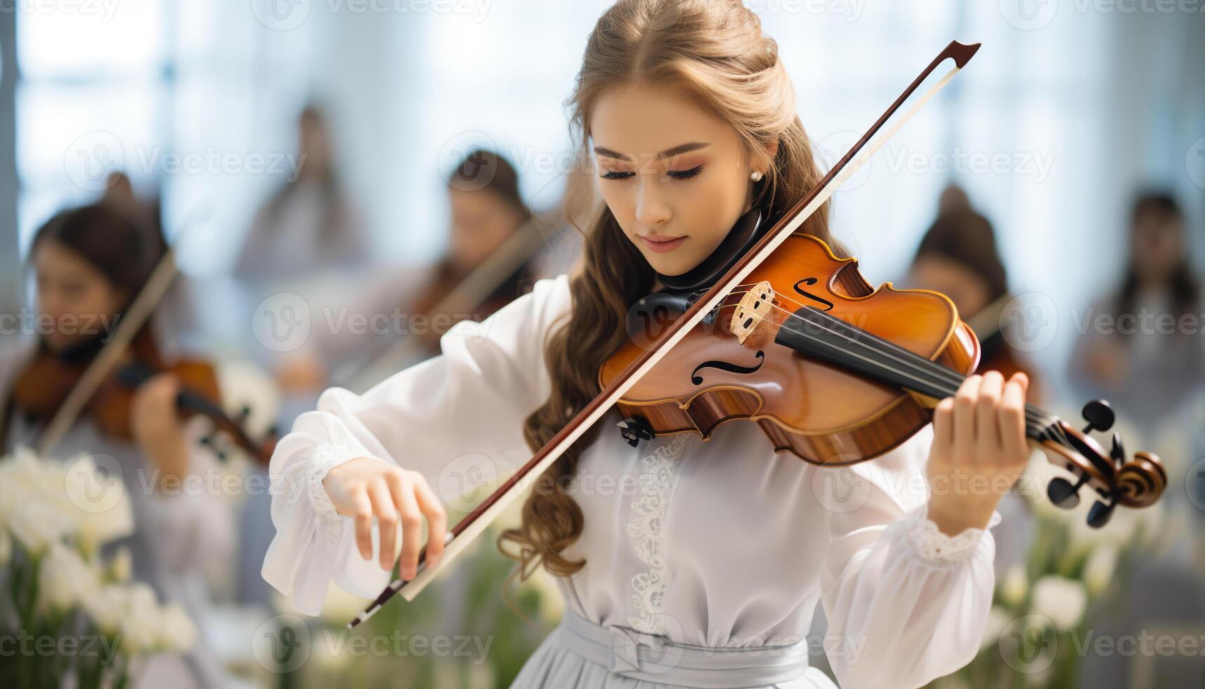 AI generated Young adult Caucasian violinist playing a string instrument indoors, smiling generated by AI photo