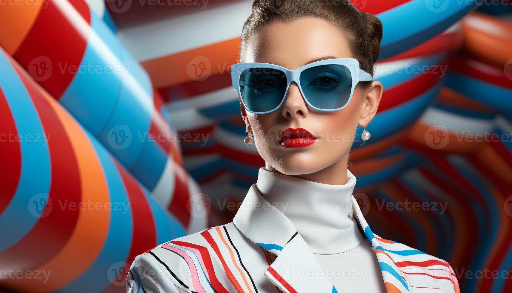 AI generated Beautiful woman in sunglasses, looking at camera with American flag generated by AI photo