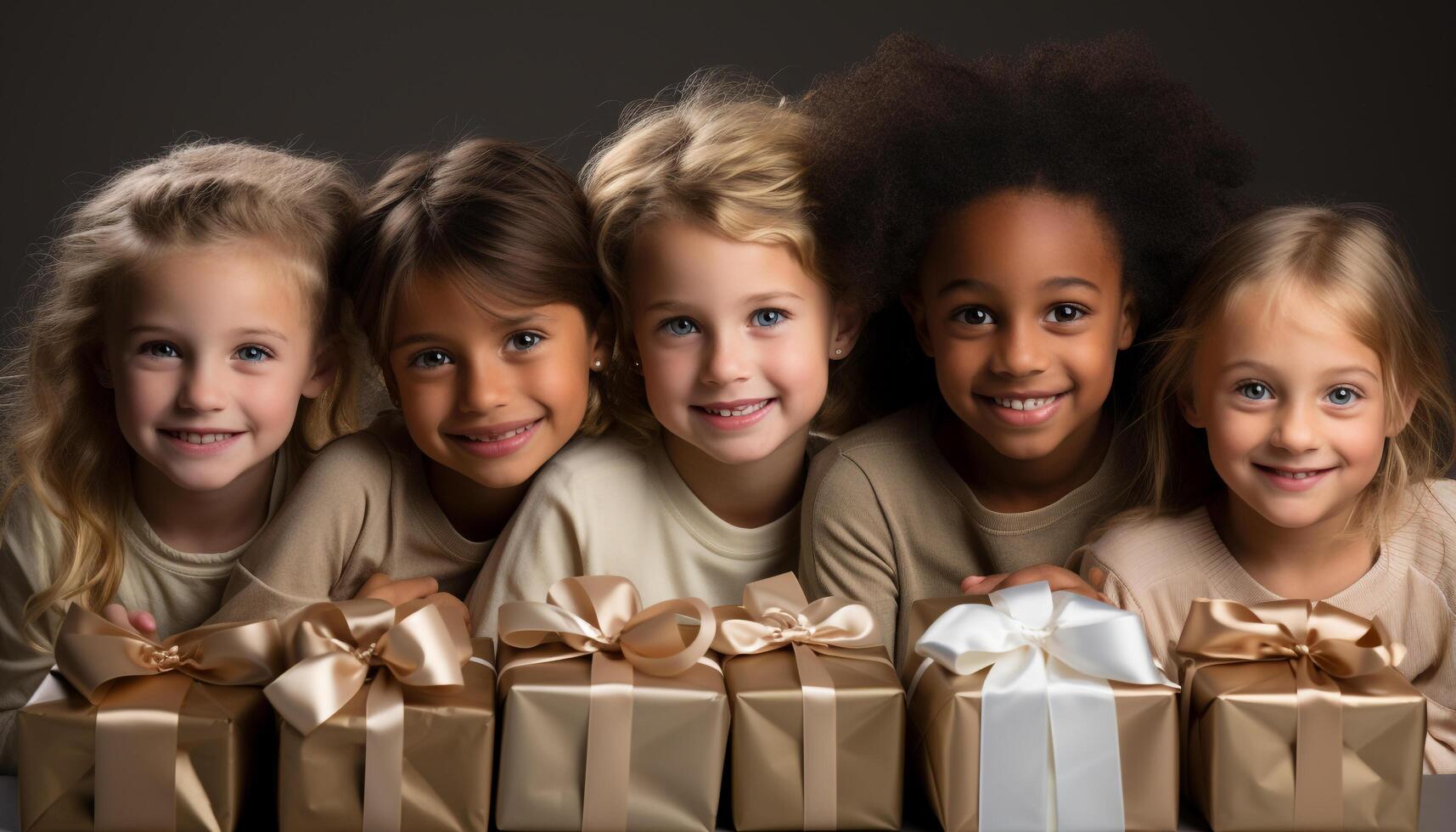 ai generado un grupo de linda niños sonriente, participación envuelto cumpleaños regalos generado por ai foto