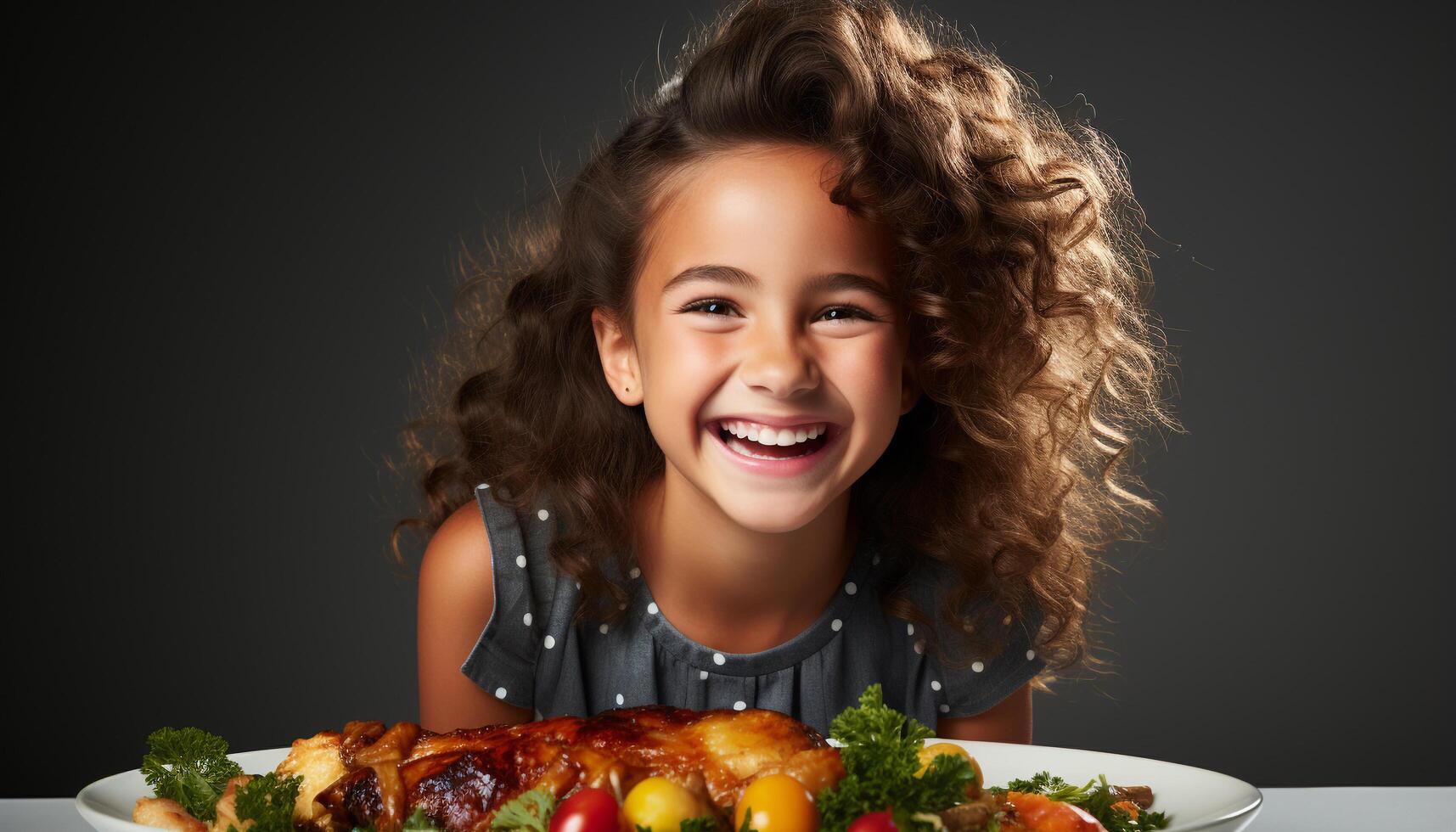 ai generado sonriente niño disfruta sano comida, mirando linda en retrato generado por ai foto