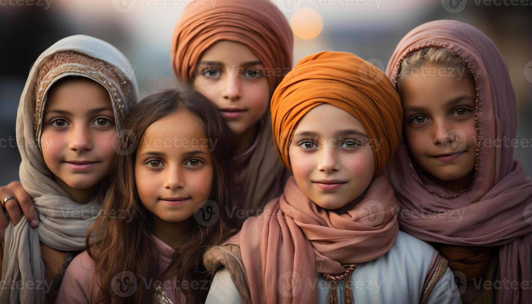 AI generated Group of children from different cultures smiling and looking at camera generated by AI photo