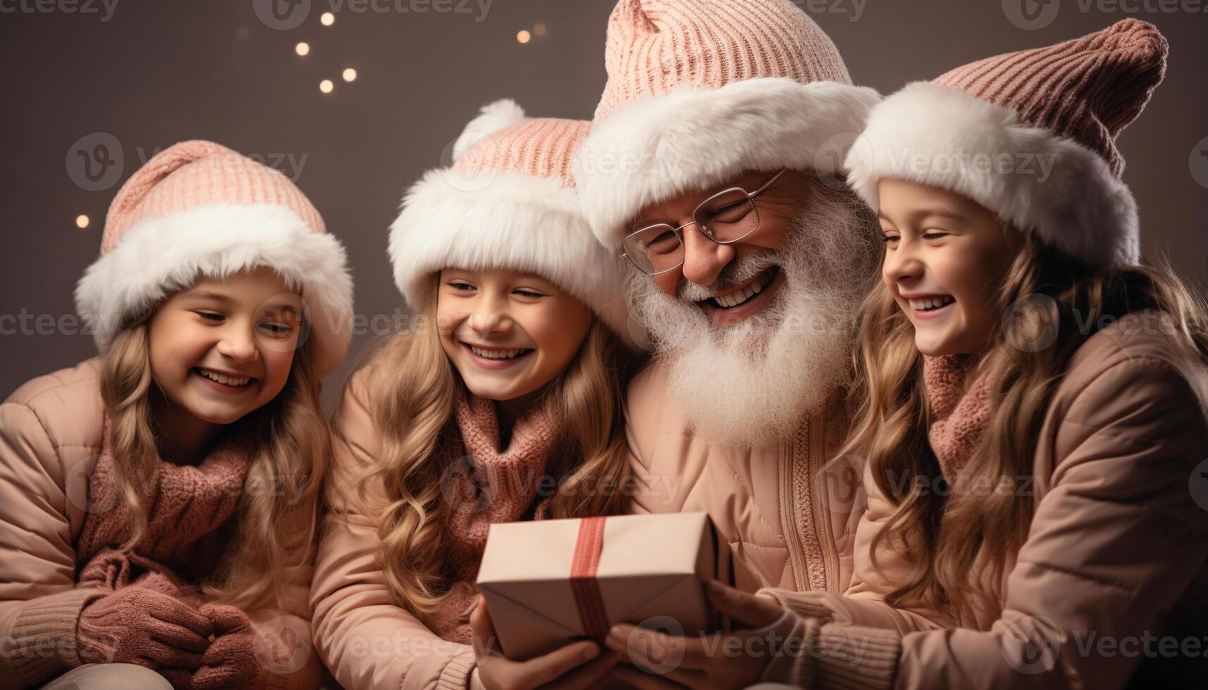 AI generated Smiling family celebrates winter, Christmas tree, love, and togetherness generated by AI photo