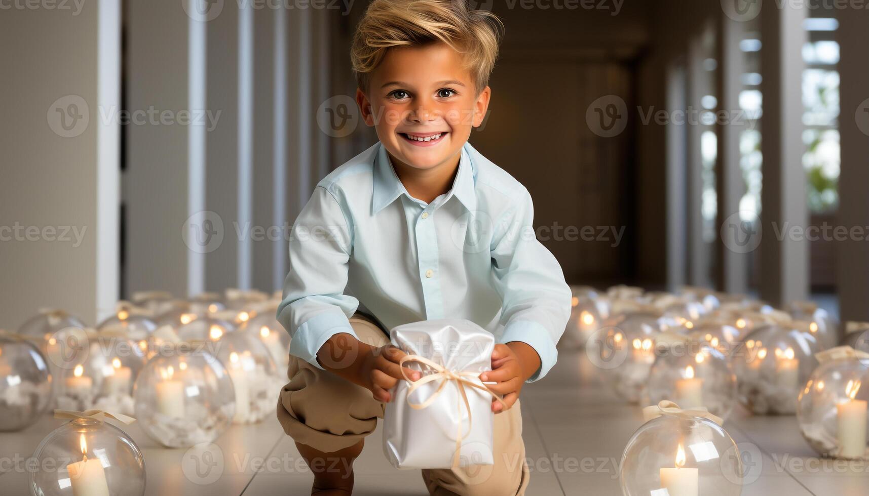 AI generated Smiling child holding gift, celebrating birthday with cheerful family generated by AI photo