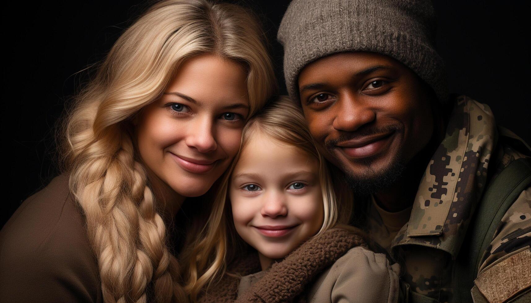 ai generado sonriente familia, uno niño, felicidad, amar, retrato, unión generado por ai foto