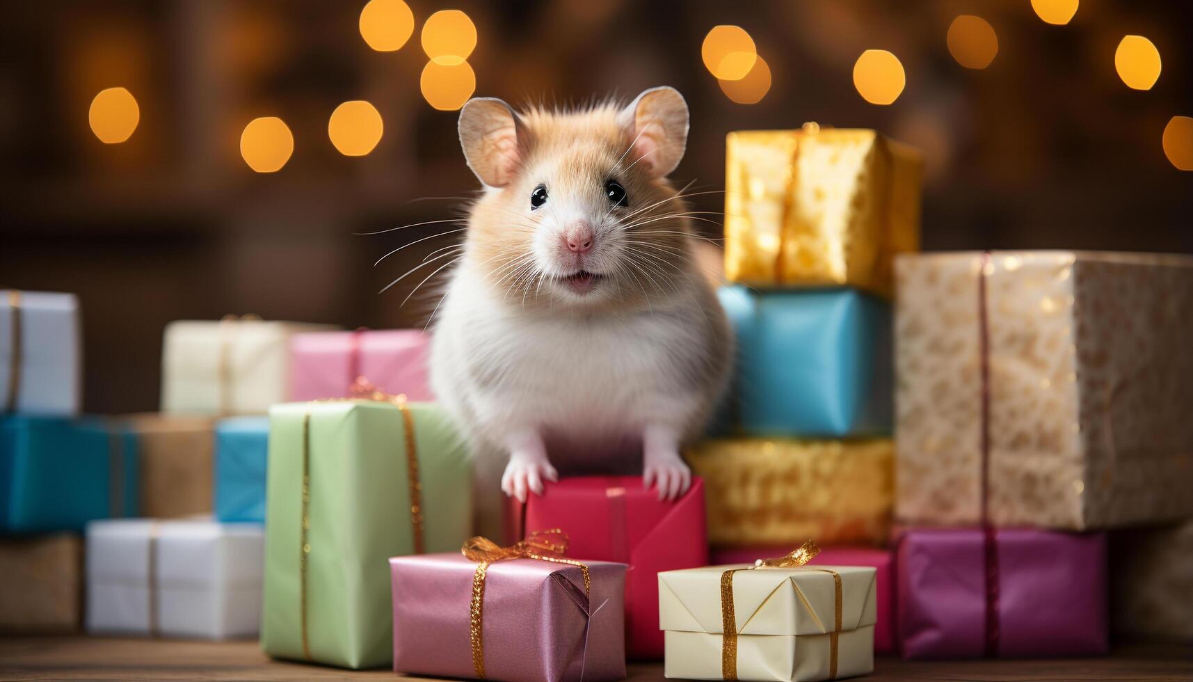 AI generated Fluffy kitten sits near gift box, playful and cute generated by AI photo