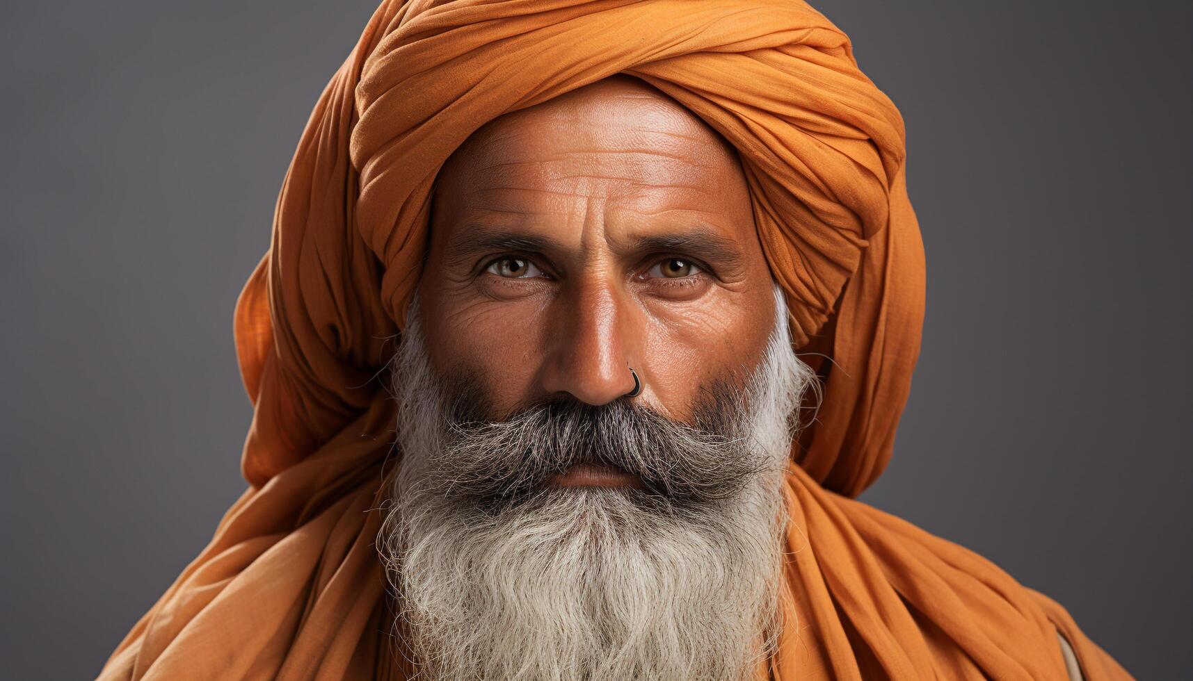 AI generated A wise Sikh guru, with a turban, looking at camera generated by AI photo