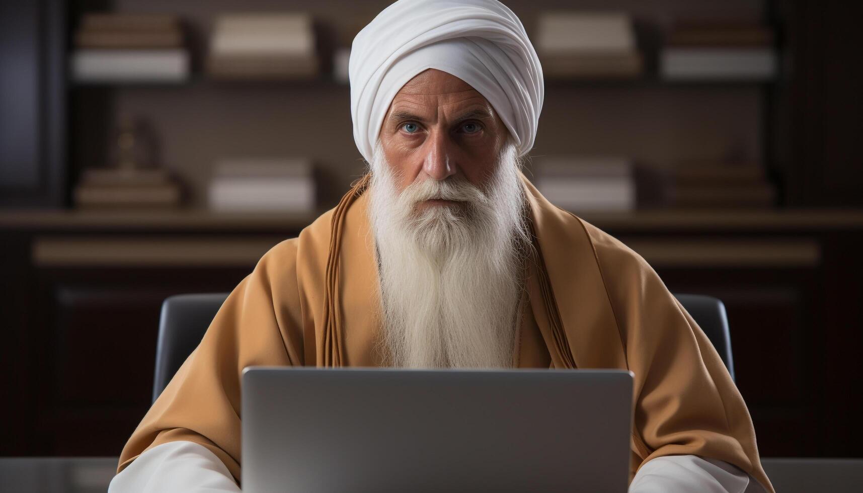 AI generated Serious senior man with gray hair working on laptop indoors generated by AI photo