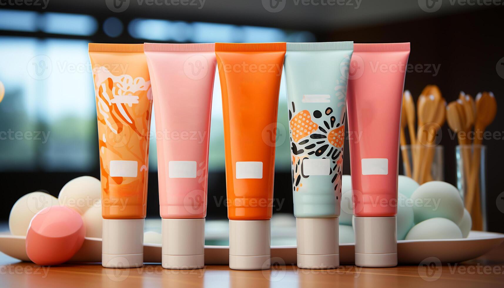 AI generated A shelf of beauty products  creams, lotions, and moisturizers generated by AI photo