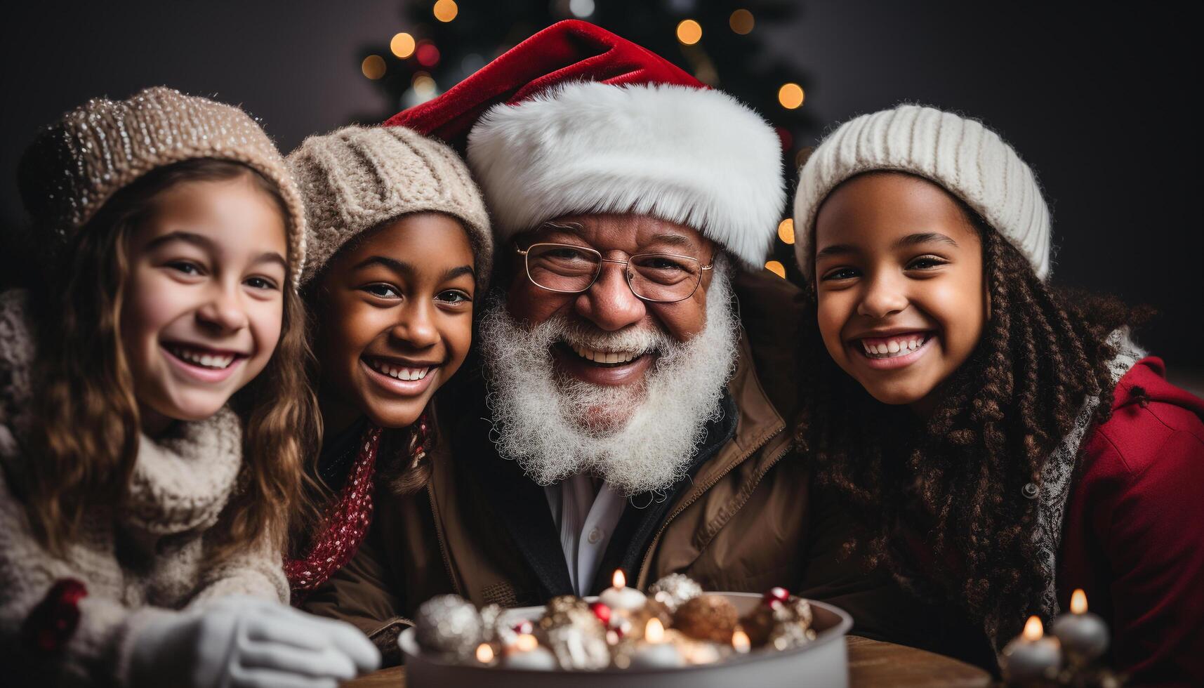 AI generated A joyful family celebrates Christmas, smiling and looking at camera generated by AI photo